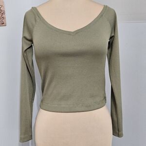 Cheap Monday Olive Green Ribbed Long Sleeve Top Size M Slim Scoop Neck Stretchy